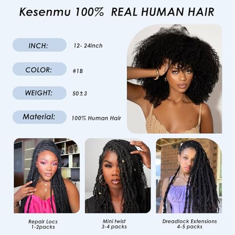 Afro Kinkys Bulk Human Hair,24 Inch 50g/Pack Afro Kinky-Curly Human Hair Bulk for Mini Twist, 4C Bulk Human Braiding Hair For Micro,Crochet,Repair, Dreadlocks,Locs Extensions