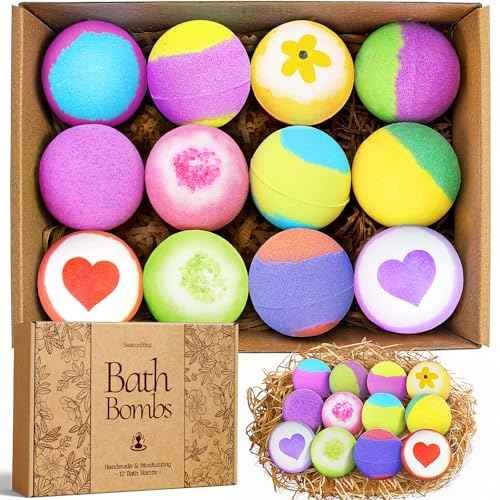 Bath Bombs for Women, 12 Pack Handmade Bubble Shower Bombs Set, Shea Butter & Individually Wrapped, Present Idea for Her/Him, Wife, Mom Women