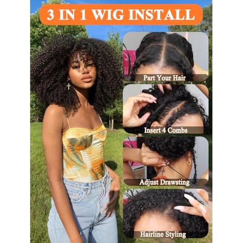 Kinky Curly Half Wig Human Hair 3 In 1 Glueless Wigs Seamless Flip Over with Drawstring Curly Half Wig Human Hair for Women Invisible Hairline Wear Go Beginner Friendly Natural Black 18 Inch