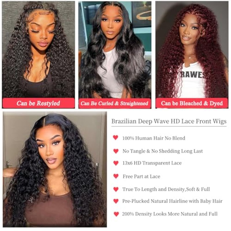 13x6 Deep Wave Lace Front Wigs Human Hair 200 Density 22 Inch Curly Wig 13x6 HD Lace Front Wigs Human Hair Glueless Wigs Human Hair Pre Plucked for Black Women Natural Color