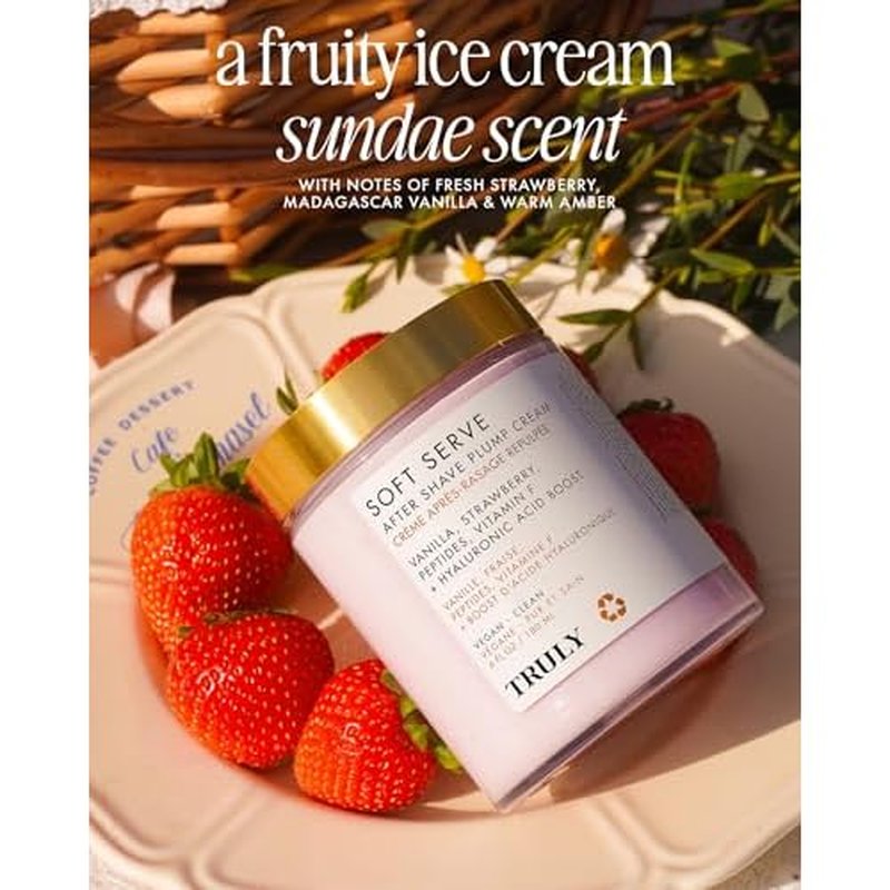 Truly Beauty Soft Serve After Shave Plump Cream | Hydrating & Plumping Cream for Post-Shave Smoothness | With Hyaluronic Acid & Peptides for Firm, Youthful Skin | Strawberry, Vanilla & Amber Scent