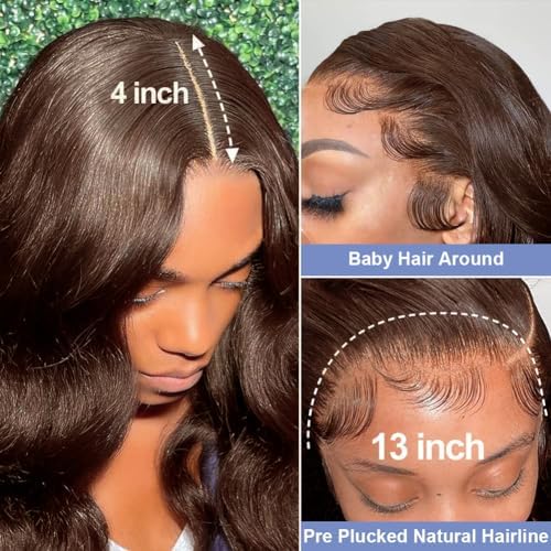 Chocolate Brown Human Hair Wig 200% Density Brown Wig Human Hair 13x4 Hd Chocolate Brown Lace Front Wig 26 Inch Brown Body Wave Human Hair Wig Pre Plucked with Baby Hair for Women