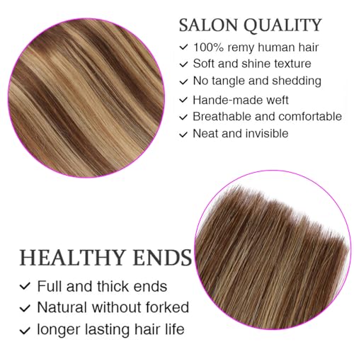 ORIGEN Clip in Hair Extensions Real Remy Human Hair Chocolate Brown to Caramel Blonde Highlights Straight Hair for Women 7pcs 80g 14 Inches