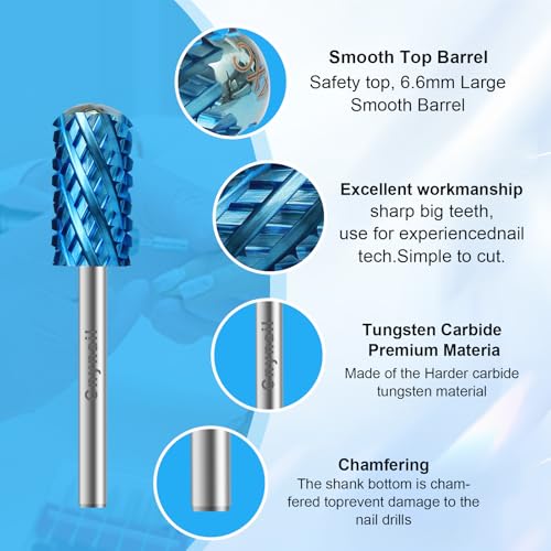 3/32" Large Barrel Smooth Round Top Tungsten Carbide Nail Drill Bit Safety Bit for Gel & Acrylic Removal, 2-Way Rotating Efile Tip, Salon Electric File Accessory (4XC Grit, Blue)