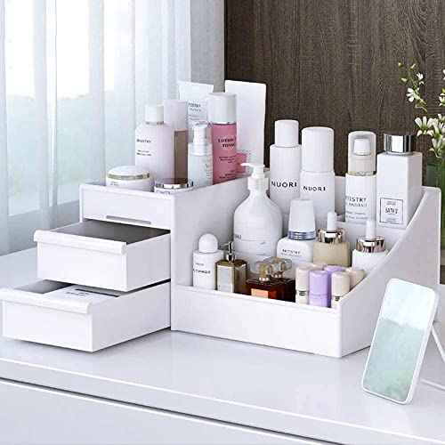 Makeup Desk Organizer with Drawers, Countertop Organizer for Cosmetics, Vanity Holder for Lipstick, Brushes, Lotions, Eyeshadow, Nail Polish and Jewelry (White)