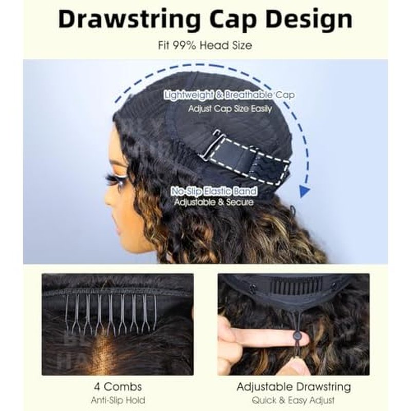 BLY Highlight Water Wave Half Wig Human Hair 3 in 1 Glueless Drawstring Flip Over Wear Go Wig for Women 1B 30 Color 180 Density Short Bob Wigs 14 Inch