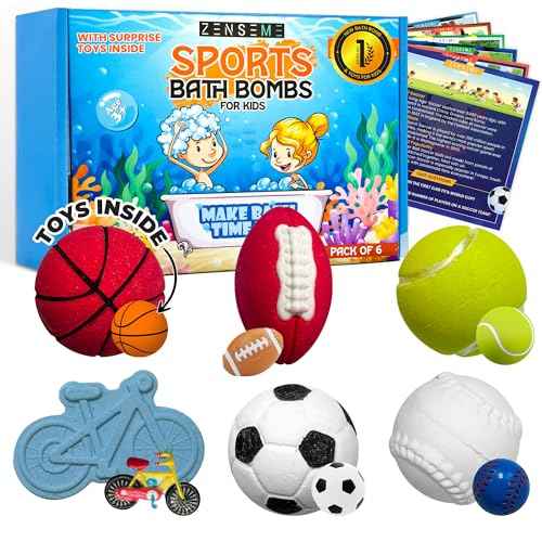 Bath Bombs for Boys W/Educational Flash Cards - Bathbombs with Toys Inside - 2.5 oz Gift Set of 6 Scented Organic Handmade with Natural Essential Oils - Sports Surprise Inside by Zenseme