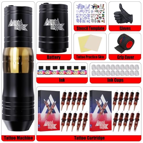 Professional Wireless Tattoo Pen Kit with 2 Batteries - Complete Tattoo Machine Set for Beginners 7 Adjustable Strokes 2.4-4.2mm 20 Cartridge Needles Rotary Tattoo Gun for Lining & Shading