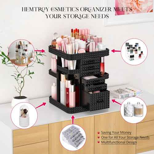 Rotating Makeup Organizer with 6 Drawers[New Updated], Multifunctional Cosmetics Organizer for Vanity Countertop, Square Jewelry Storage, Skincare Organizer for Makeup Holder (Plus Size-Black)