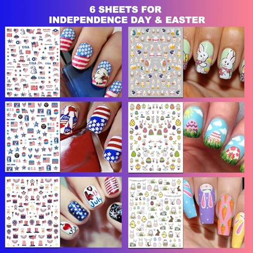 30 Sheets 8 Holiday Nail Art Stickers, Variety Pack All Season Nail Decals for All Year, Self-Adhesive Pegatinas U?as 4th of July Halloween Fall Christmas Valentine St. Patrick's