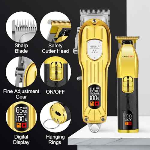 HIENA PRO Hair Clippers Set for Men, Professional Barber Kit for Hair Cutting, Cordless Rechargeable Clippers and Trimmers Set, Hair Cutting Kit with LED Display, USB, Gifts for Men (Gold Black)