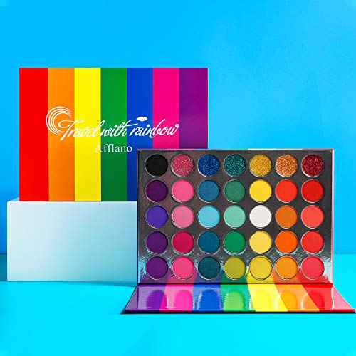 Afflano Rainbow Eyeshadow Palette Matte Shimmer Pressed Glitter, Pigmented Colorful Eye Shadow Pallets, Pink Red Orange Yellow Green Blue Purple 35 Color, Bright Prime Makeup Palette