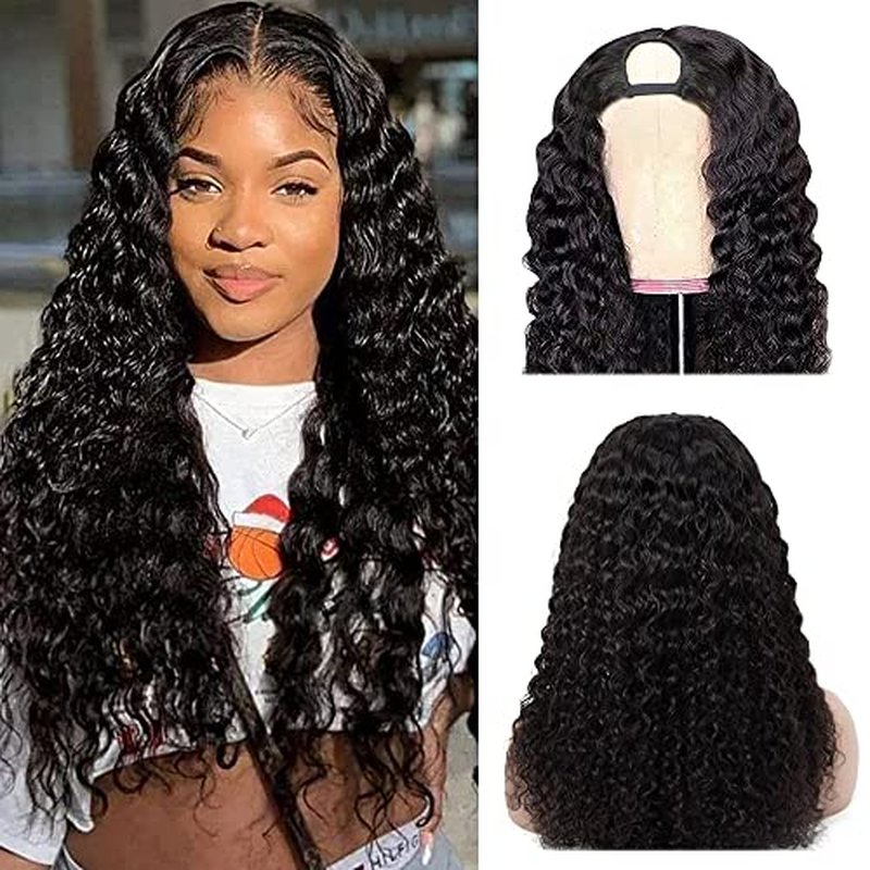 U Part Wigs Human Hair for Black Women Deep Wave Human Hair Brazilian Hair Full Head Clip in Half Wig V Part Glueless Wigs Human Hair Pre Plucked U Shape Wigs (Natural Black, 20 inch)