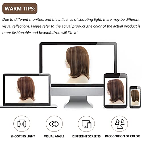 SEVENCOLORS Short Brown Mixed Blonde Bob Wigs for White Women Shoulder Length Synthetic Hair Wigs with Side Bangs Straight Blonde Highlights Women¡¯s Wig