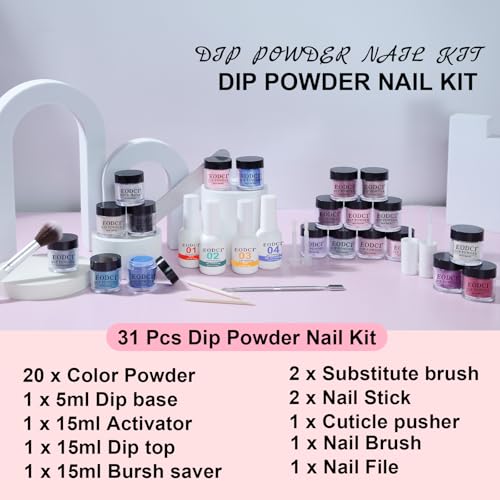 31 Pcs Dip Powder Nail Kit, 20 Colors Glitter Nude Pink Blue Gray Dip Powder Liquid Set with Top/Base Coat Activator for French Nails Art Manicure DIY Salon, No Needed Nail Lamp Curing