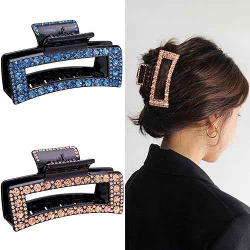 Rhinestone Hair Claw Clips, 2 Pack Exquisite Crystal Jaw Clips Nonslip Hair Clips for Thick Long Hair, Fashion Hair Clamp Accessories for Women Ladies Strong Hold Hair Barrette for Hair Styling