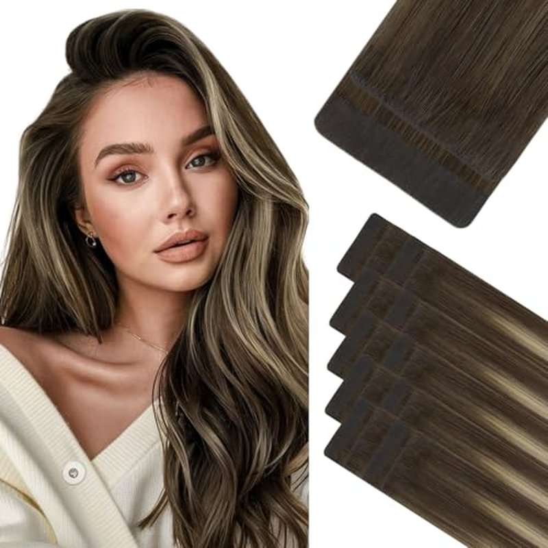 HOTBANANA Invisi Edge Tape in Hair Extensions Human Hair, 24inch 50g 10pcs Invisible & 10pcs Classic Balayage Chocolate Brown to Honey Blonde Seamless Tape in Hair Extensions Straight Injected