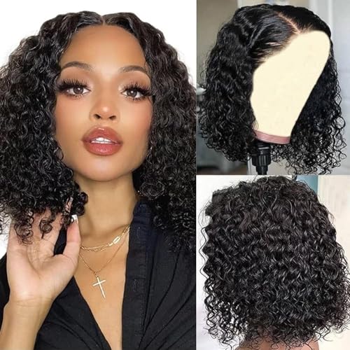 13x6 Deep Wave Bob Wig Human Hair 200 Density HD Lace Front Wigs Glueless Short Curly Lace Frontal Human Hair Wigs for Black Women Pre Plucked Natural Black 12 Inch