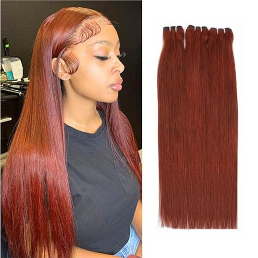 13A Double Drawn Reddish Brown Straight Human Hair Bundles, Full and Thick Copper Red 100% Brazilian Raw Hair 3 Weave Auburn Colored 33B Brownish Straight Bundles 10 12 14 Inch Sew In