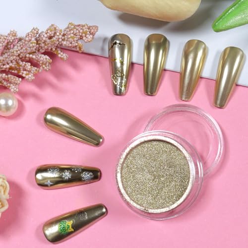 Allstarry Chrome Nail Powder Champagne Gold Metallic Mirror Effect Dust Glitter Glazed Manicure Decoration Reflective Pigment for Gel Polish Nail Art Decoration Resin Craft, Festivals