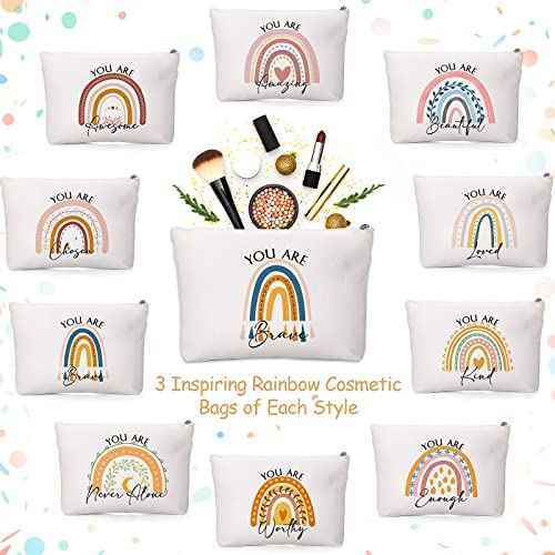 Coume 30 Pcs Inspirational Canvas Makeup Bags Bulk Employee Appreciation Gift for Women Motivational Cosmetic Bags with Zipper Boho Makeup Pouch Christmas Gift for Travel Coworker Teacher(Rainbow)