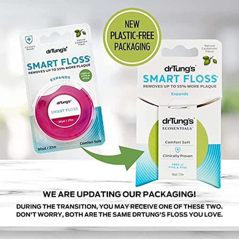 DrTung's Smart Floss - Natural Floss, PTFE & PFAS Free Floss, Gentle on Gums, Expands & Stretches, BPA Free - Natural Dental Floss Cardamom Flavor (Pack of 18)
