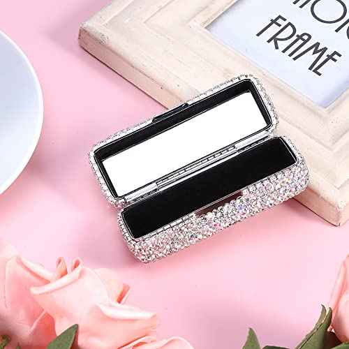 Rhinestone Lipstick Case with Mirror, Bling Crystal Lipstick Case Diamonds Makeup Cosmetic Storage Box Holder for Purse Ladies Fashion (Silver Color)