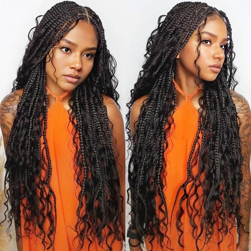 U&A 36Inch Premium Synthetic Braided Wig - Seamless Full Lace & Knotless Bohemian Braids with Bouncy Curly Ends