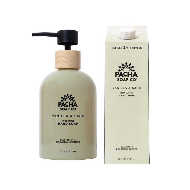 Pacha Soap Co. Liquid Hand Soap - Hydrating Vanilla & Sage, Clean Ingredients | 2-Pack (12.5 fl oz Bottle, 32 fl oz Refill)