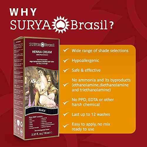 Surya Brasil - Henna Cream for Gray Coverage, Semi Permanent Natural Henna Deep Conditioning Hair Color Treatment, Black, 2.37 oz / 70 ml