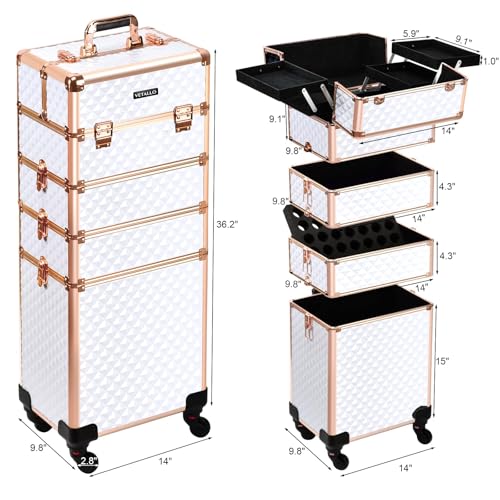 VETALLO Rolling Makeup Train Case, 5-in-1 Travel Makeup Case Organizer I Large Makeup Case with Key Swivel Wheels I Makeup Train Case for Manicurists Hairstylists Esthetician I White