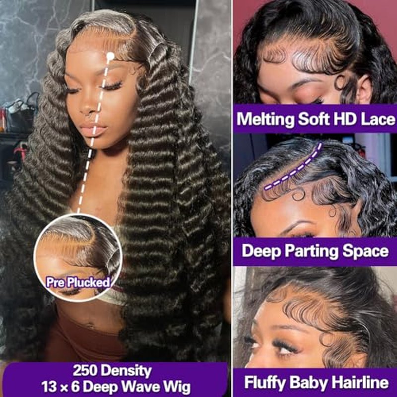 13x6 Deep Wave Lace Front Wigs Human Hair 250 Density 18 Inch, Tangle Free, Shedding Free, Pre Plucked With Invisible Hairline, Full Volume Suitable For Daily Wear