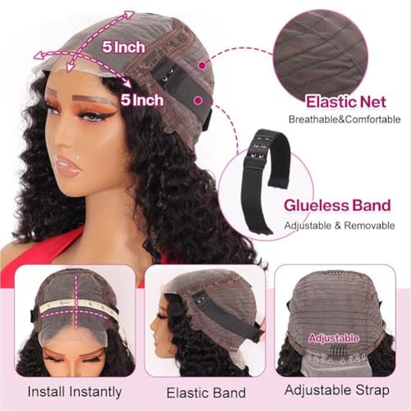 Curly Bob Wig Human Hair Deep Wave 200% Density 5x5 HD Lace Closure Wigs Human Hair Bob Wigs For Black Women Wear And Go Glueless Curly Wig Black Color 16 Inch