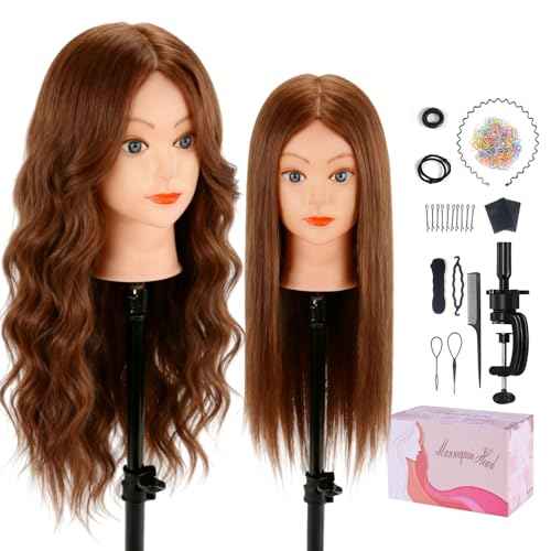 Beauty Star Mannequin Head with 100% Real Human Hair -18inch Doll Styling Head for Braiding Practice & Cosmetology Training, Updos, Manikin Head Includes Clamp Stand£¨Dark Brown Hair and Blue Eyes)