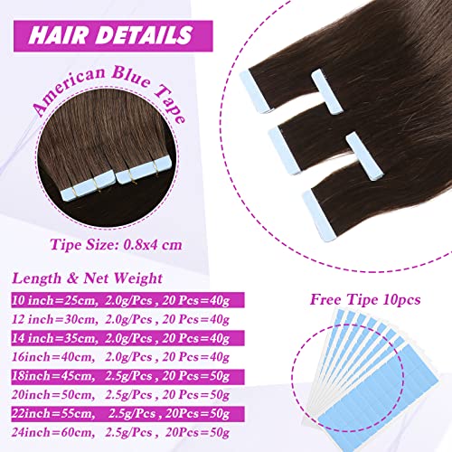 Tape in Hair Extensions Human Hair Dark Brown Straight Hair Extensions Tape in Human Hair 20 Pcs/Pack 50g