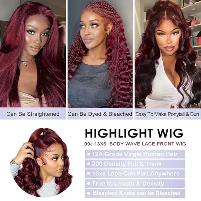 24 Inch 99j Burgundy 13x6 Body Wave Lace Front Wigs Human Hair 200% Density Glueless HD Transparent Lace Frontal Wigs Human Hair Pre Plucked With Baby Hair Burgundy Wine Red Wigs For Women
