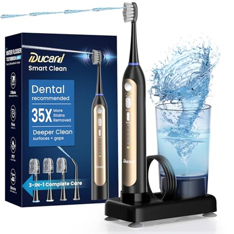 Water Flosser & Ultrasonic Electric Toothbrush Combo, 3-Mode Flossing Toothbrush with 5 Adjustable Speeds for Deep Clean, Wireless Fast Charge & 30-Day Portable Power for Travel Kit, Gift (Black)