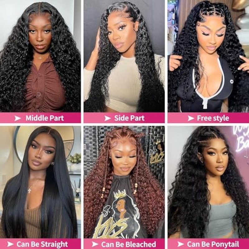 20 Inch 13x6 Lace Front Wigs Human Hair Water Wave 200 Density 13x6 HD Full Lace Frontal Wigs Pre Plucked Wet and Wavy Glueless Deep Curly Human Hair Wigs for Women Natural Black