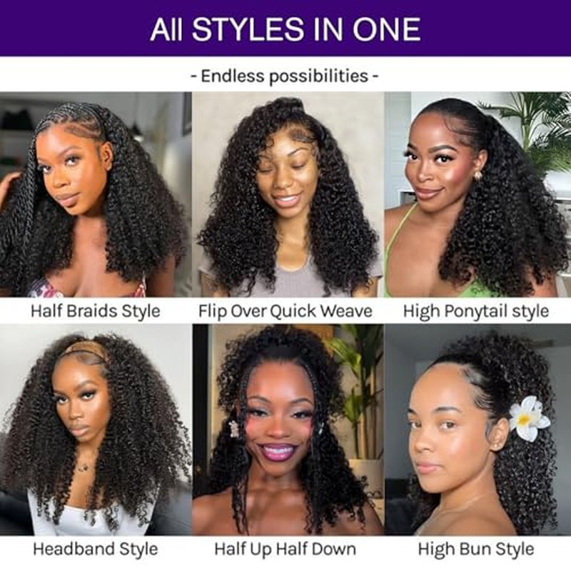 Curly Half Human Hair Wig 200% Density 20 Inch 3 In 1 Glueless Wear And Go Wigs Human Hair Seamless Flip Over With Update Drawstring Headband Seamless Clip Ins Kinky Curly Wigs For Black Women