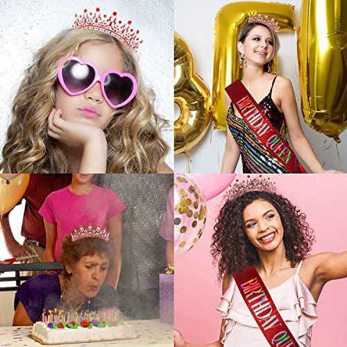 SuPoo Birthday Crown & Sash - Glitter Red Birthday Queen Crown with Comb & Tiara for Women - Crystal Headband Princess Decorations
