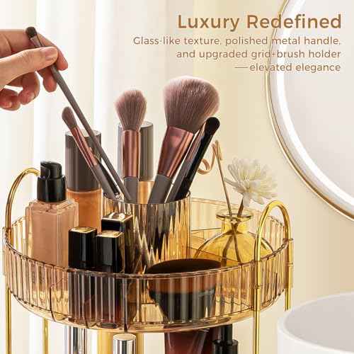 360¡Æ Rotating Makeup Organizer, Upgraded 3 Tier Skincare Perfume Organizers for Women, Bathroom Organizer Countertop, Clear Cosmetic Dresser Organizer with Makeup Brush Holder, Sink&Counter(Amber)