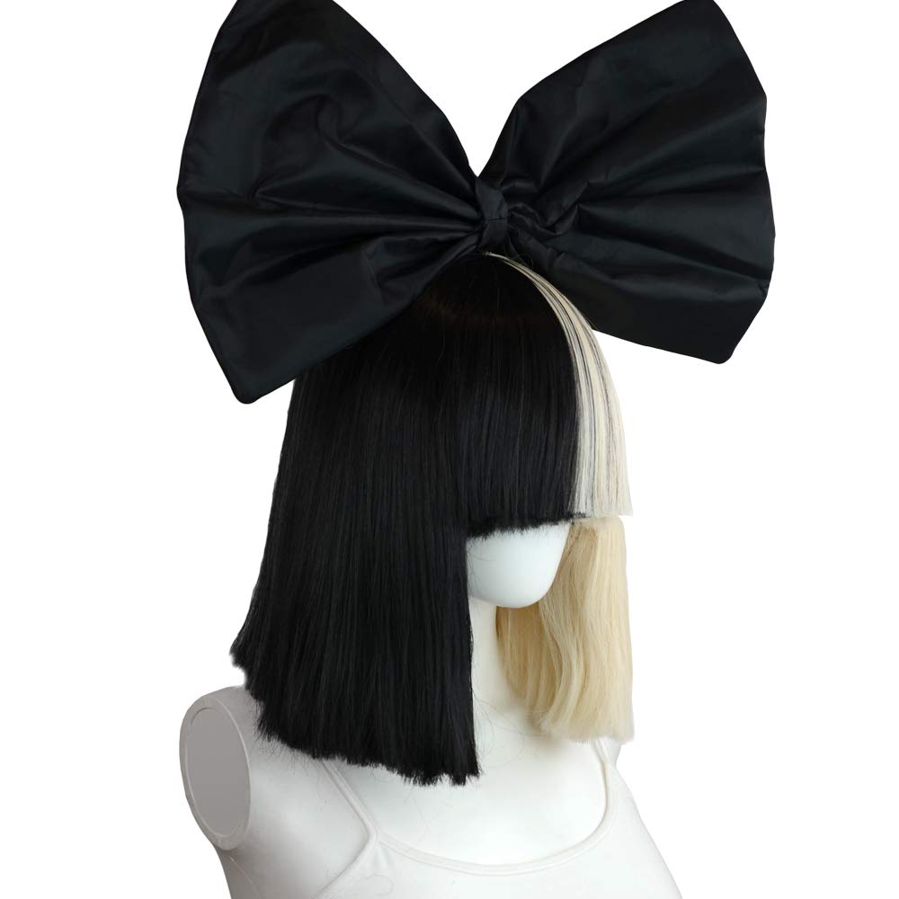 pureluca OFFICIALLY LICENSED Sia Costume Cosplay Wig Half Blonde Black 2 Tone Color Short Straight Bob Wig Synthetic Full Wigs with Big Bow Sia Style Wigs for Women Girls