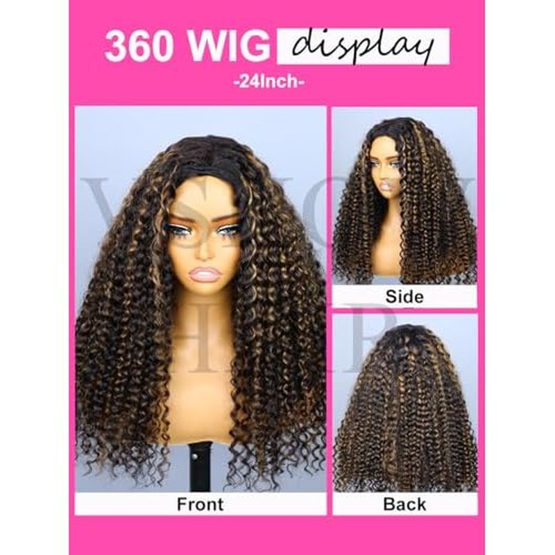 V SHOW Wear Go Glueless Half Wig Human Hair 1B/30 Highlight Water Wave Bod Wigs 3 In 1 Curly Half Wigs 180% Density Drawstring Seamless Fit Strap Flip Over Headband Wig 14 Inch Beginner Friendly
