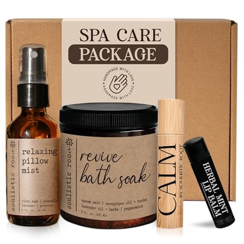 SOULISTIC ROOT Spa Kit for Women ? Relaxing Self Care Gift Set with Lavender Pillow Spray, Mint Lip Balm, Calm Essential Oil Roller & Epsom Salt Bath Soak ? Luxury Pampering Package for Home & Bath