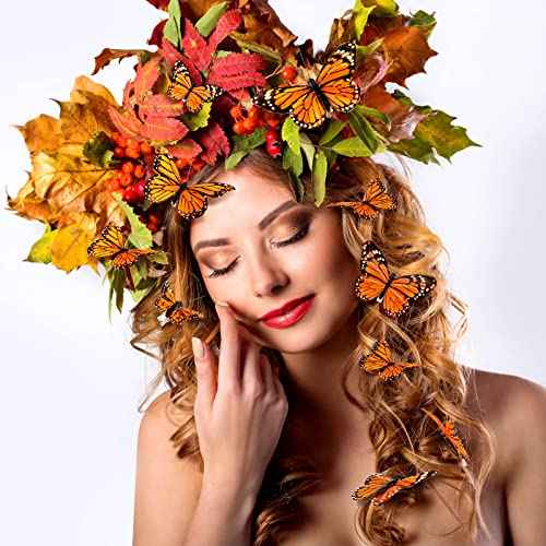 24 Pcs Monarch Butterfly Decorations Monarch Butterfly Hair Clips Feather Barrettes Clips Decor Artificial Fake Flying Creatures for Craft Cosplay Wedding Party, 4 Sizes(Orange)