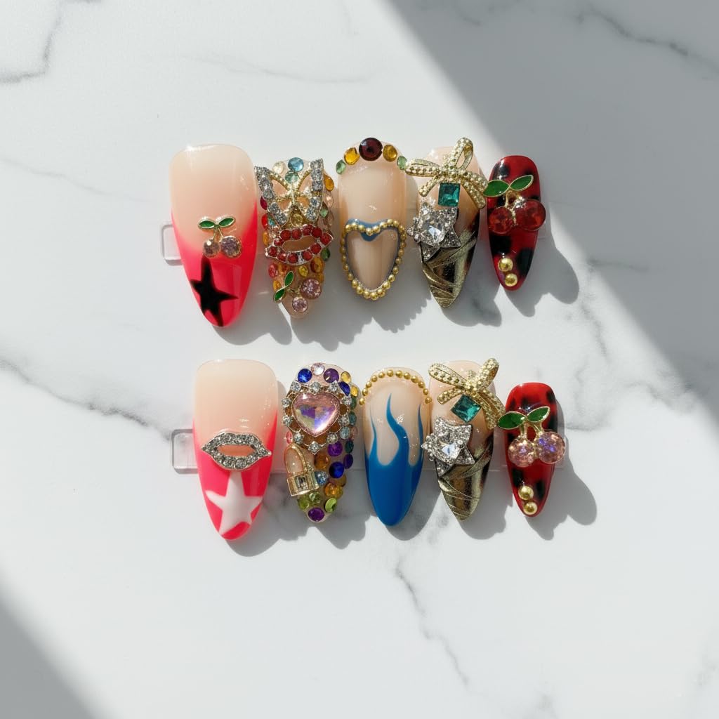 Handmade Almond Press-On Nails | 3D Heart, Star & Flame Charms - Pink Design for Women