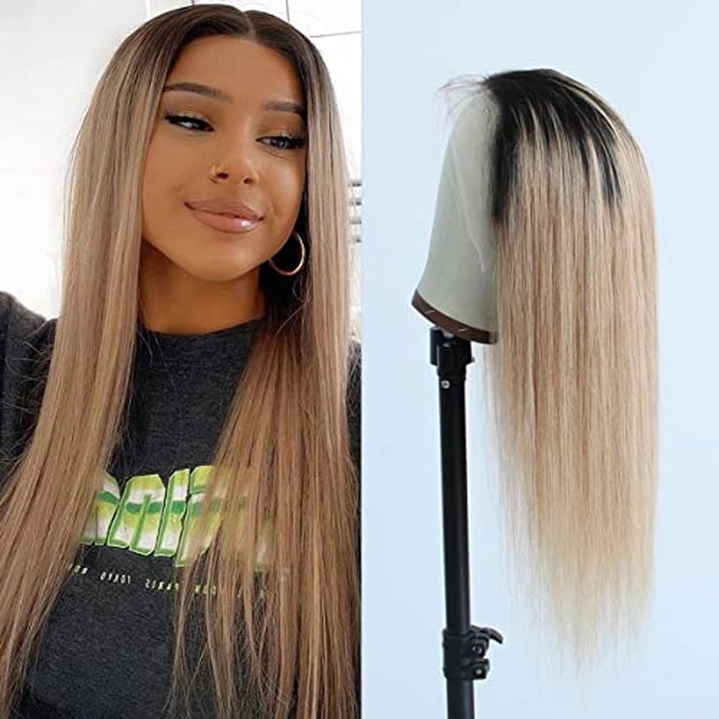 Pre-plucked Ombre #1B/27 Dark Root Honey Blonde Ear To Ear Lace Front Wigs Straight Glueless 150% Density Brazilian Virgin Human Hair With Baby Hair Full (16" inch, Lace Front Wig Straight)