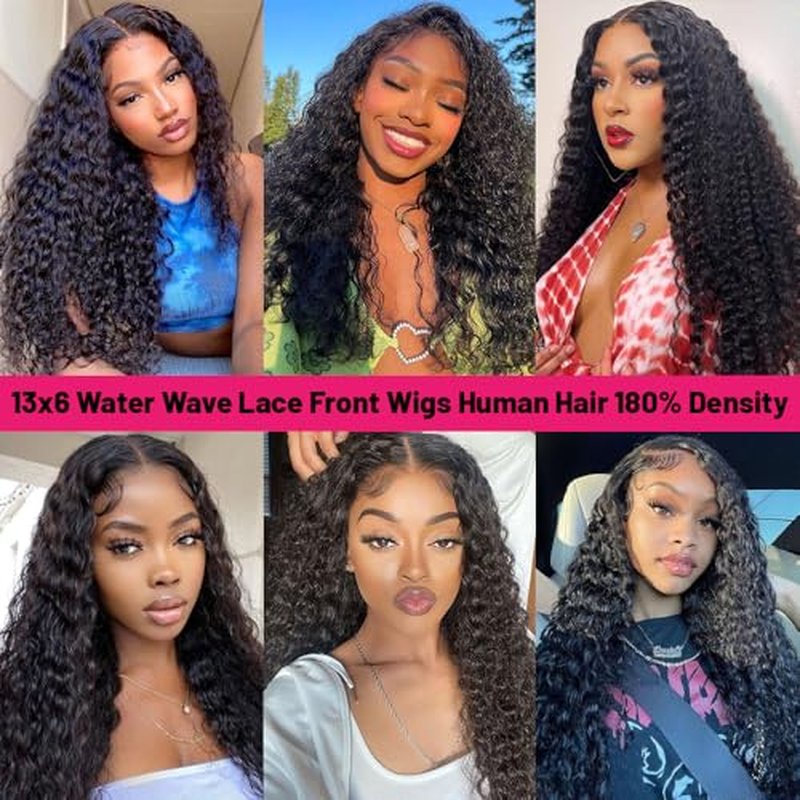 Water Wave Lace Front Wigs Human Hair 13x6 Full Frontal HD Transparent Lace Front Wigs for Women 180% Density Deep Curly Human Hair Wigs Wet And Wavy Pre Plucked with Baby Hair 20Inch