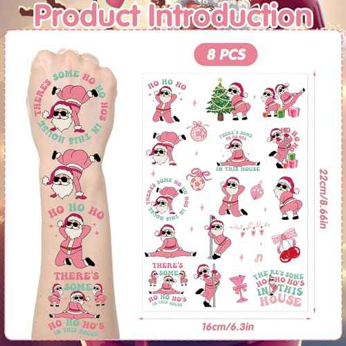 Funny Christmas Temporary Tattoos - 200+ Pink Santa Friendsmas Tattoos Stickers for Adults, There's Some Ho Ho Ho Hos Xmas Party Decorations Favors, Funny Naughty Christmas Supplies