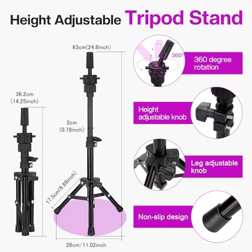 23 Inch Wig Head,Wig Stand Tripod with Head,Canvas Wig Head Stand with Mannequin Head for Wigs,Manikin Head Block Set for Wigs Making Display with Wig caps,T Pins Set,Bristle Brush